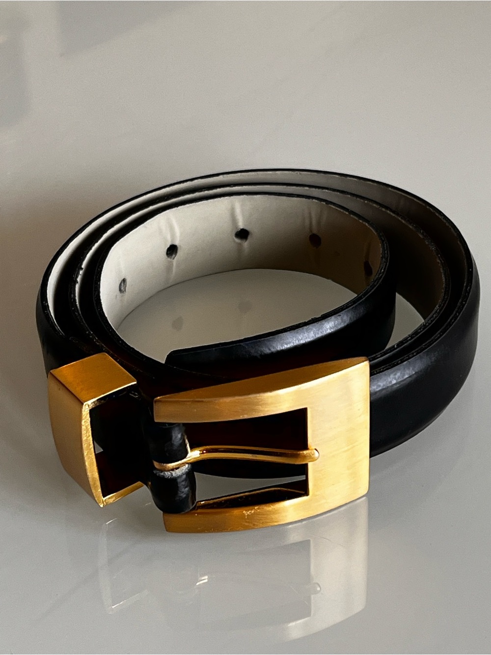 MÉLANIE LYNE Italian Leather Belt M Black Gold Statement Buckle Made in Canada